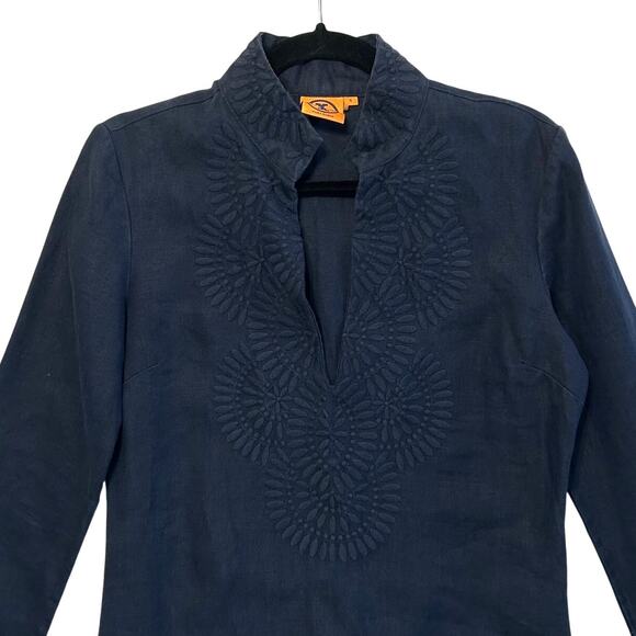 Tory Burch Linen Embroidered Floral Tunic Top Women's Sz 4 Navy Boho Designer - Picture 4 of 7